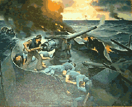 painting showing Edwin O'Hara inserting shell into gun aimed at Nazi ship