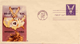 1942 "Win the War" stamp on a First Day Cover which reads:  Let's Beat 'Em 48 Different Ways