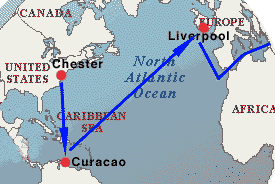 solid blue lines show route of SS Sunset