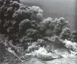 A burning tanker off the Atlantic coast during World War II