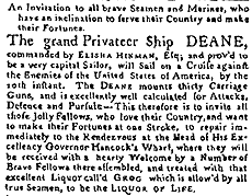 Advertisement in Boston newspaper recruiting crew for privateer D