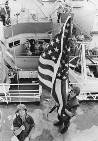 Marines raised the American flag aboaard SS Mayaguez